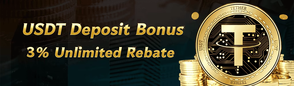 Promotional banner with "USDT DEPOSIT BONUS 3% UNLIMITED REBATE" text, highlighting a 3% bonus and unlimited rebate on USDT deposits.